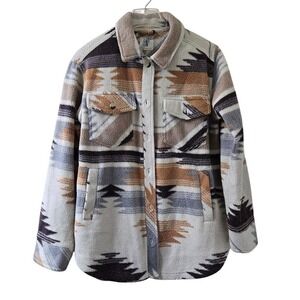 Altar State Southwestern Print Fleece Shacket Jacket Womens Small Tan Brown